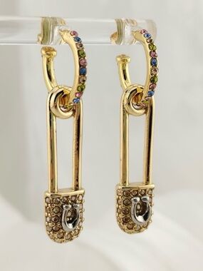 Coach Earrings Sparkling Safety Pins Loops 14k Gold Plated Crystals